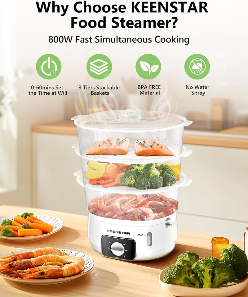 KEENSTAR بخار طعام كهربائي للطهي، 13.7QT بخار خضار مع 3 طبقات سلال خالية من BPA، 800 واط طهي سريع متزامن، مؤقت 60 دقيقة، مثالي للخضار والمأكولات البحرية والأرز - Image 3